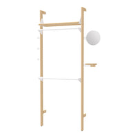Scandinavian-style shelving unit in natural wood with white accents and round mirror. Clean, modern design.