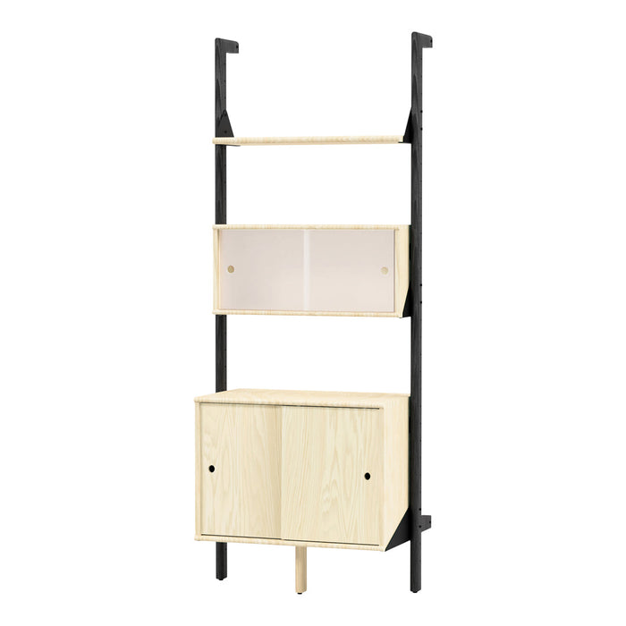 Scandinavian-style shelving unit featuring light wood and sleek black accents, perfect for modern decor.