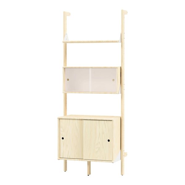 Light wood storage unit with clear acrylic shelving, featuring natural wood grain patterns and a minimalist design.