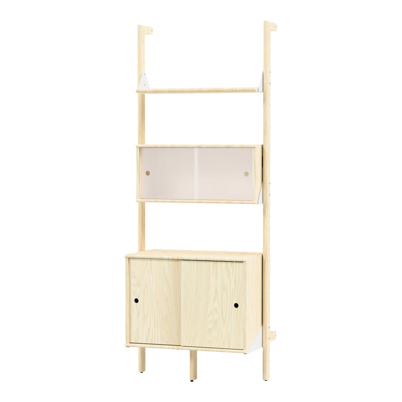 Light wood storage unit with clear acrylic shelving, featuring natural wood grain patterns and a minimalist design.