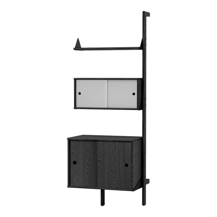 Black wood shelving unit with white drawers, featuring a modern design and clean lines. Perfect for stylish storage.