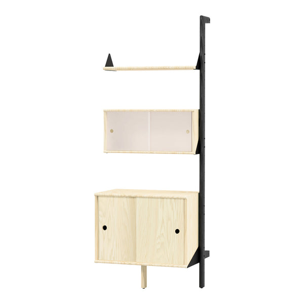 Light wood shelving unit with a minimalist black metal frame, featuring soft, natural wood grain and sleek clear accents.