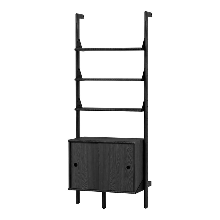 Black shelving unit with a sleek design, featuring a dark wood finish and minimalist drawer accents.