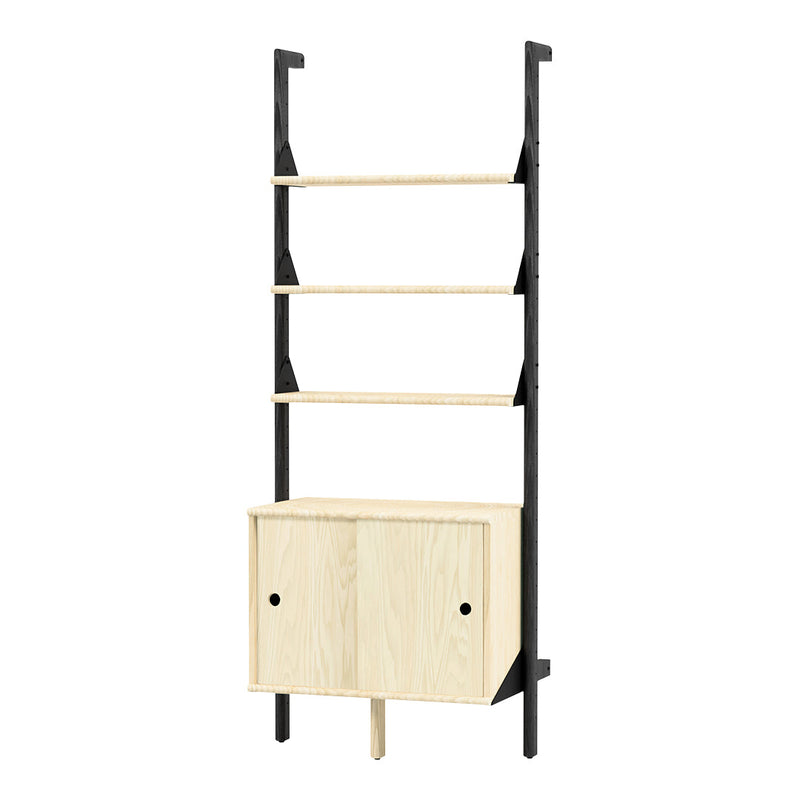 Wooden shelf unit with natural light wood and bold black metal accents, featuring a modern minimalist design.
