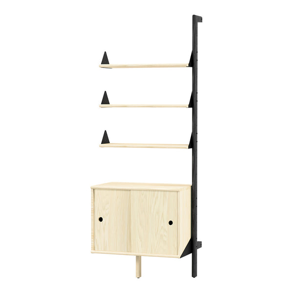 Light wood shelves with black accents and sleek triangular supports. Modern design for stylish storage solutions.