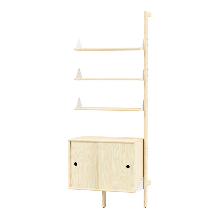 Light natural wood shelving unit with sleek, minimalist design and white triangular shelf supports. Perfect for modern decor.