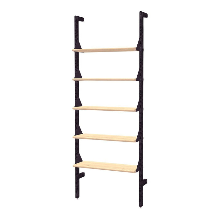 Black and natural wood shelf with five minimalist, straight shelves, featuring a sleek modern design.