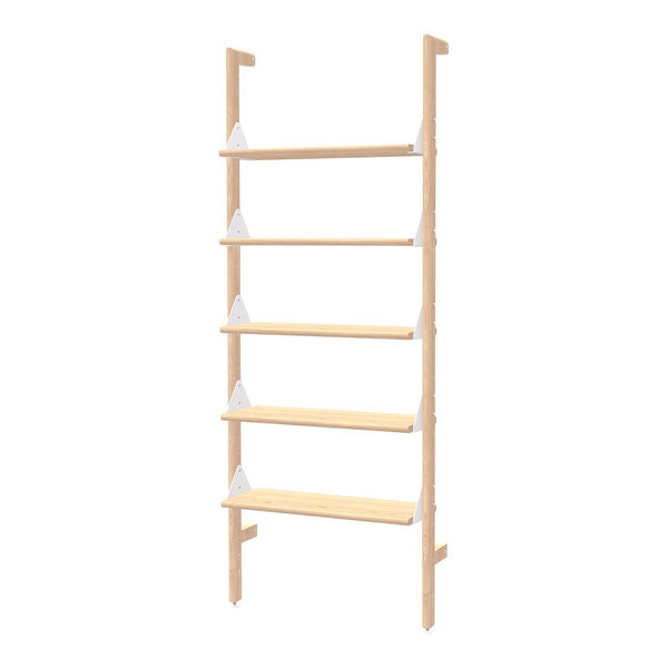 Light wooden bookshelf with five adjustable shelves and sleek white brackets, featuring a minimalist and modern design.