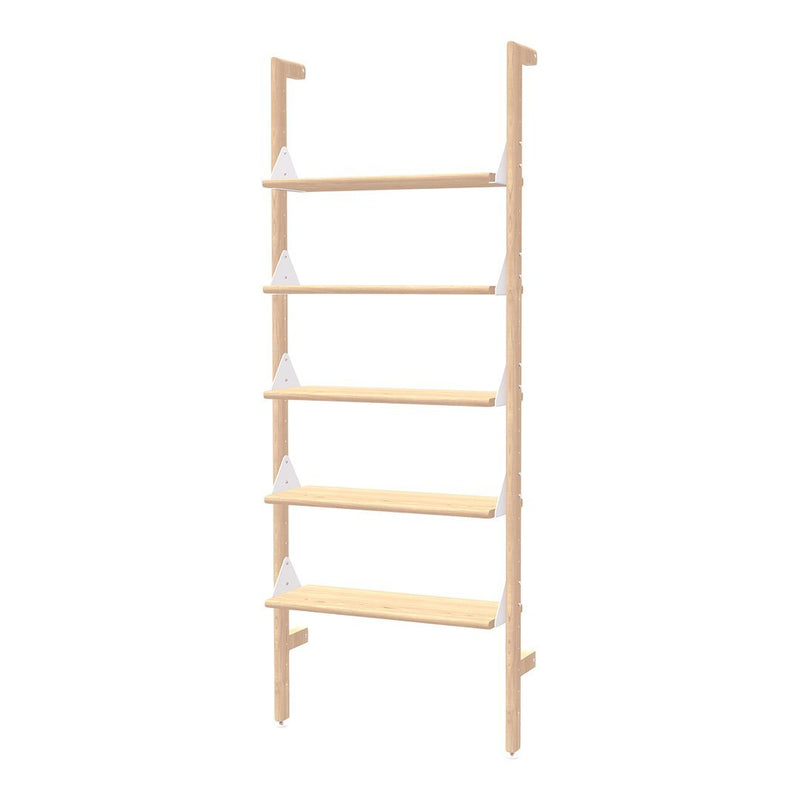 Light wooden bookshelf with five adjustable shelves and sleek white brackets, featuring a minimalist and modern design.