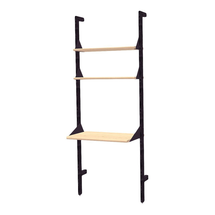 "Elegant black frame with natural wooden shelves, minimalist design for modern home decor."