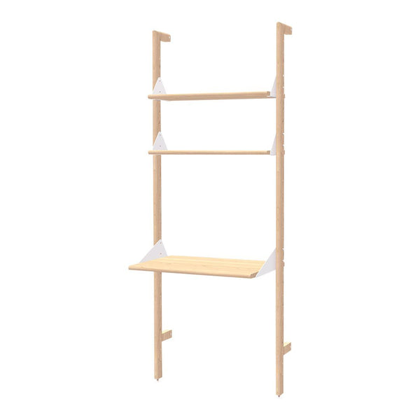 Minimalist light wood shelving unit with white accents and clean lines, perfect for a modern decor style.
