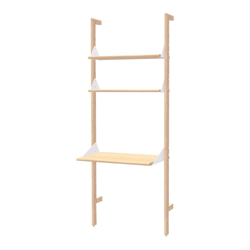 Minimalist light wood shelving unit with white accents and clean lines, perfect for a modern decor style.