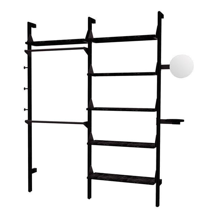 Stylish black shelving unit with smooth lines and a minimalist design, featuring a round white light accent.