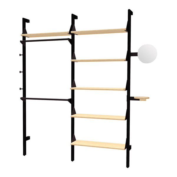 Modern black and natural wood shelf unit with minimalist design and simple round light fixture.
