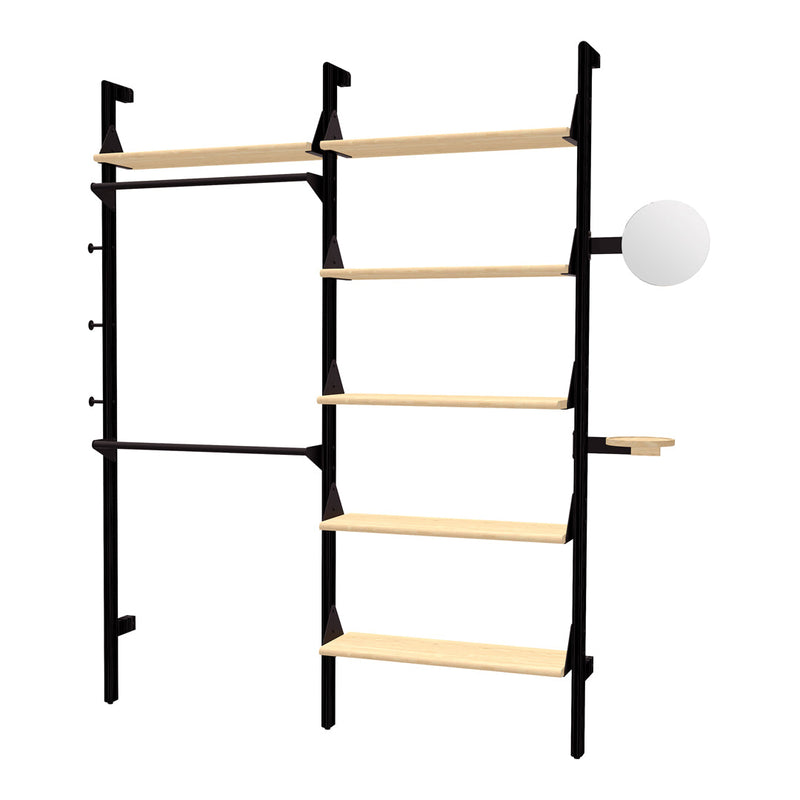 Modern black and natural wood shelf unit with minimalist design and simple round light fixture.