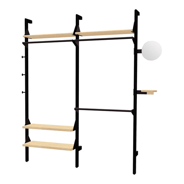 Black and natural wood shelving unit with minimalist design and smooth lines.