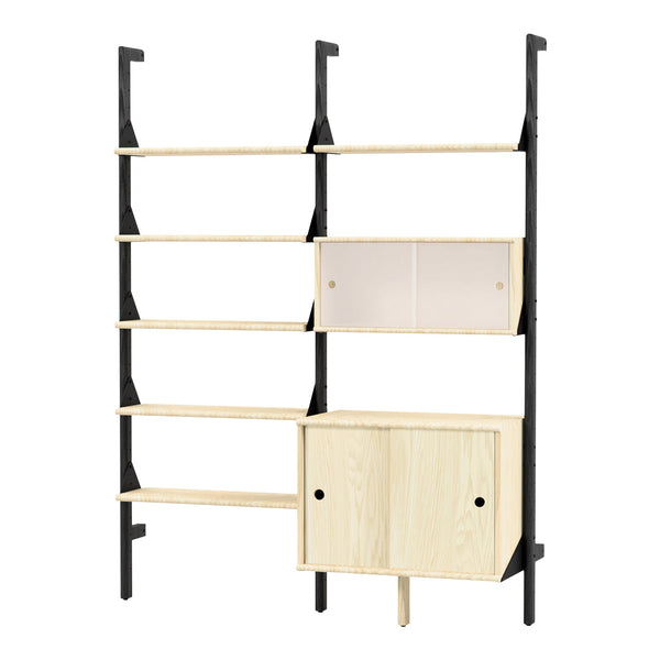 Black and light wood open shelf unit with minimalistic design and transparent storage compartment. Perfect for modern decor.