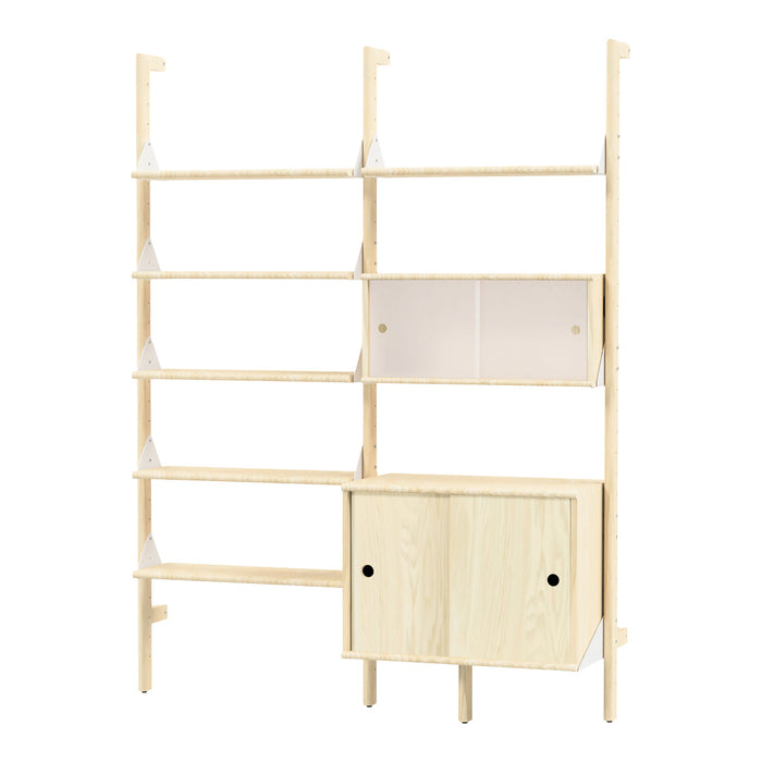 Light wood bookshelf with natural finish, featuring white accents and clean lines, perfect for modern decor.