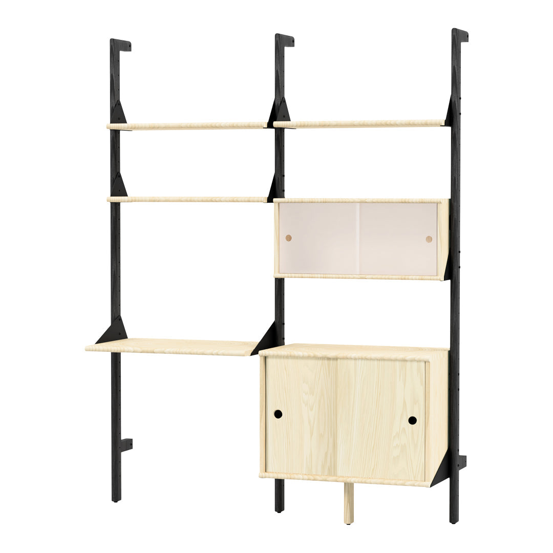 Light wood shelving unit with black metal accents and a frosted glass door. Modern, minimalist design.