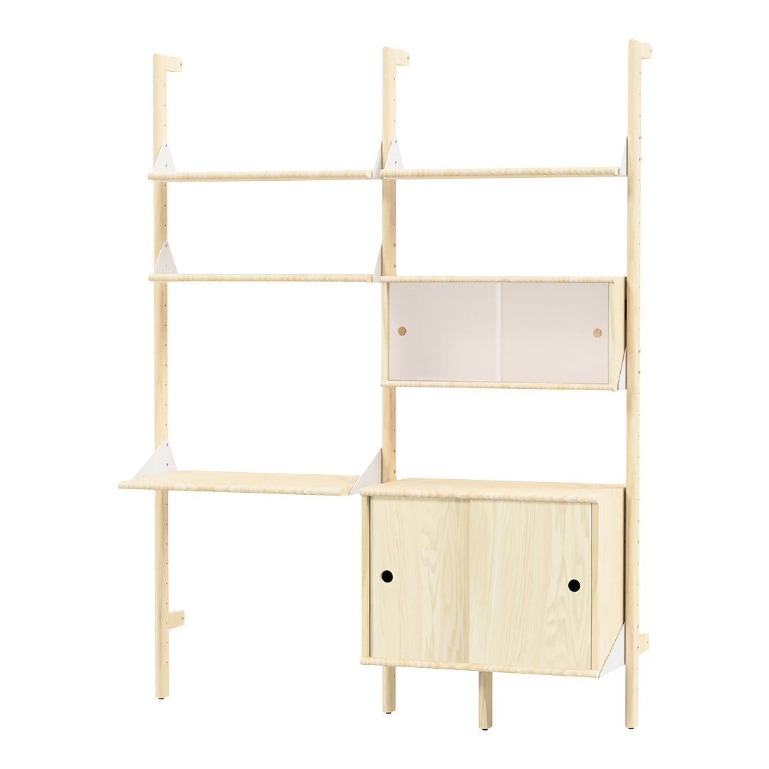 Light wood shelves with white accents, featuring a minimalist design and subtle grain patterns for a modern look.
