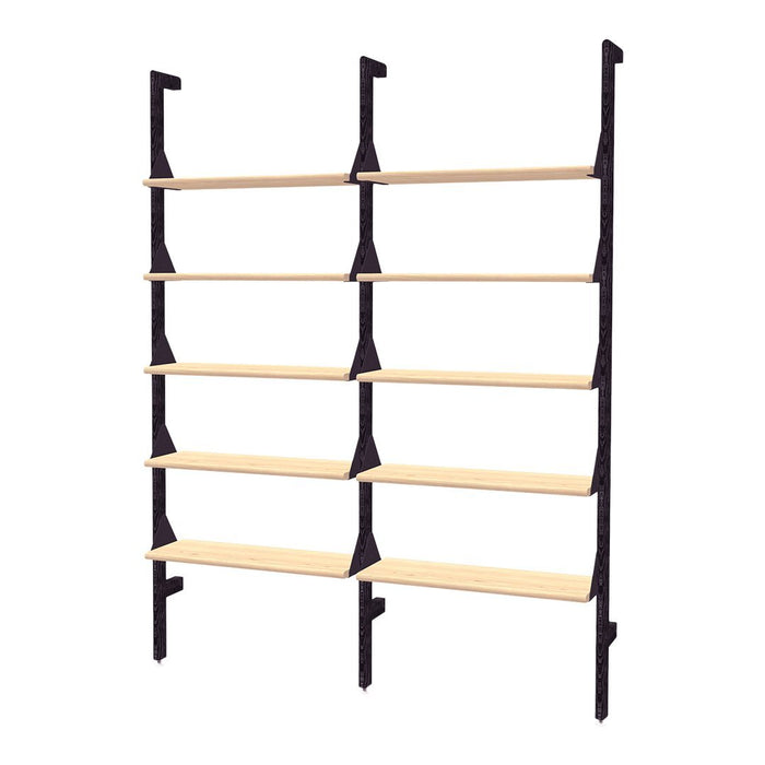 Black metal shelves with a minimalist design and natural wood tones. Perfect for modern storage solutions.