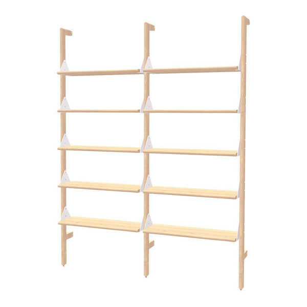 Light wood bookshelf with simple, clean lines and triangular white brackets, featuring a minimalist Scandinavian design.