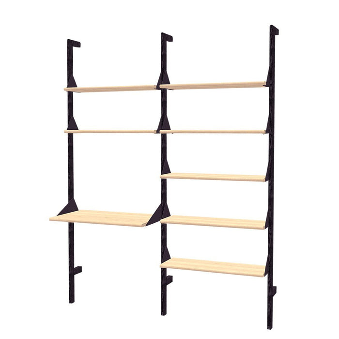 Black metal frame with natural wood shelves, showcasing a modern, minimalist design perfect for versatile storage.