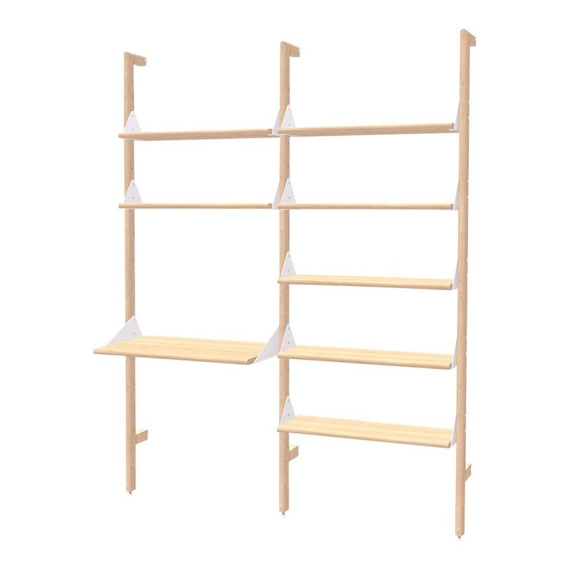 Light wood shelving unit with natural finish and white brackets, featuring a minimalist design and smooth lines.