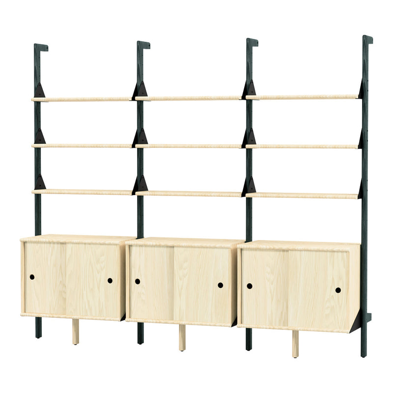 Light wood shelves with black metal brackets and three light wood storage cabinets. Modern, minimalist design.