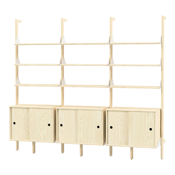 Light wood shelving unit with three cabinets and white brackets, featuring a natural finish and simple design.