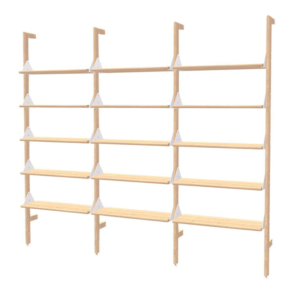 Light wood bookshelf with clean lines and contrasting white brackets, featuring a modern and minimalist design.