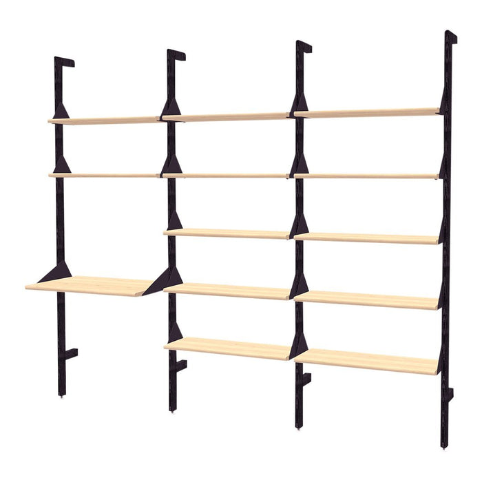Modern black and natural wood shelving unit with clean lines and spacious levels for organized storage.
