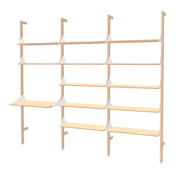 Light wood shelving unit with white triangular brackets, featuring multiple tiers and clean lines for a modern look.