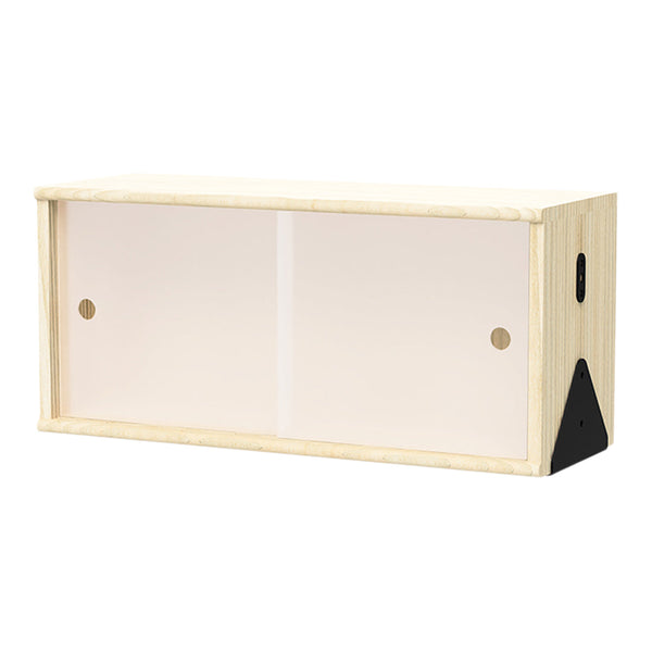Light wood cabinet with frosted glass doors and black triangular accents. Simple, modern design.
