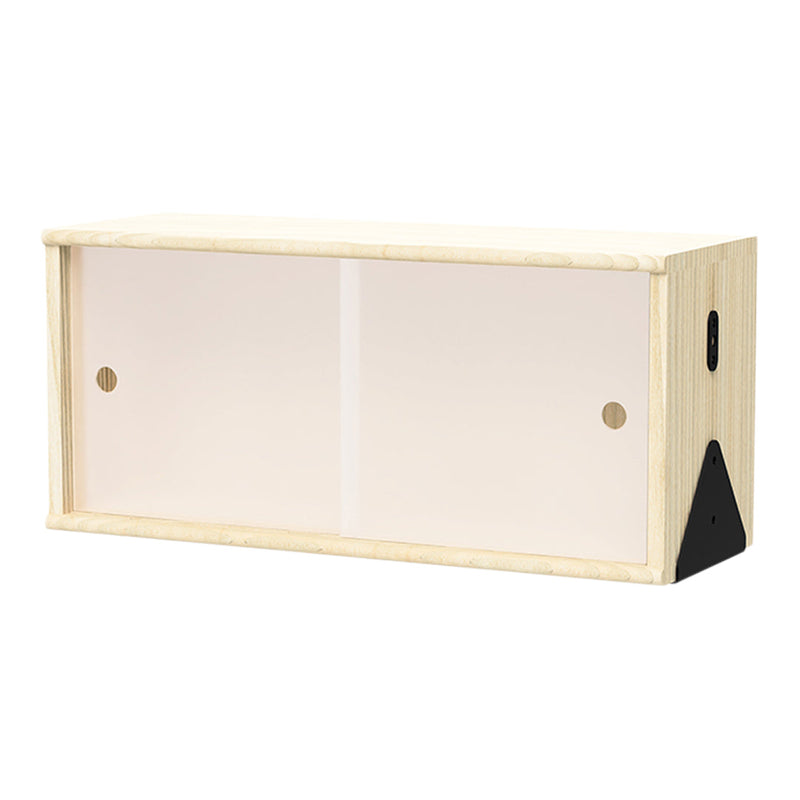 Light wood cabinet with frosted glass doors and black triangular accents. Simple, modern design.
