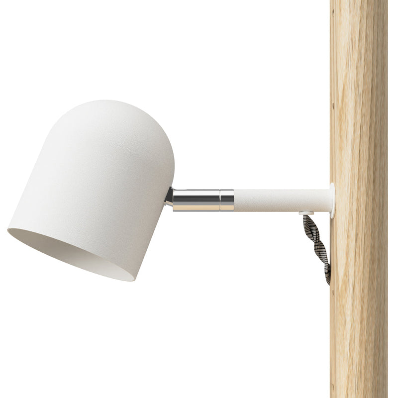White modern lamp shade attached to a natural wood post, featuring sleek lines and a minimalist design.