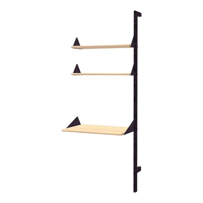 Black and natural wood wall shelf with minimalistic design and three open shelves.