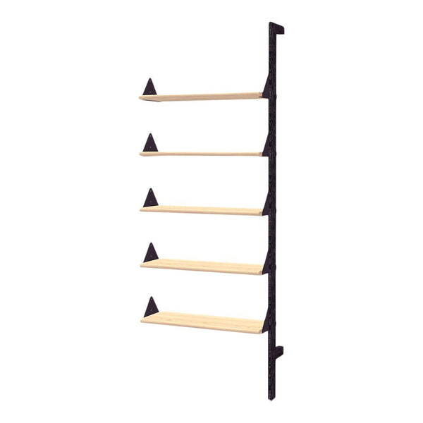 Black wall-mounted shelf unit with natural wood shelves and triangular accents, sleek and modern design.