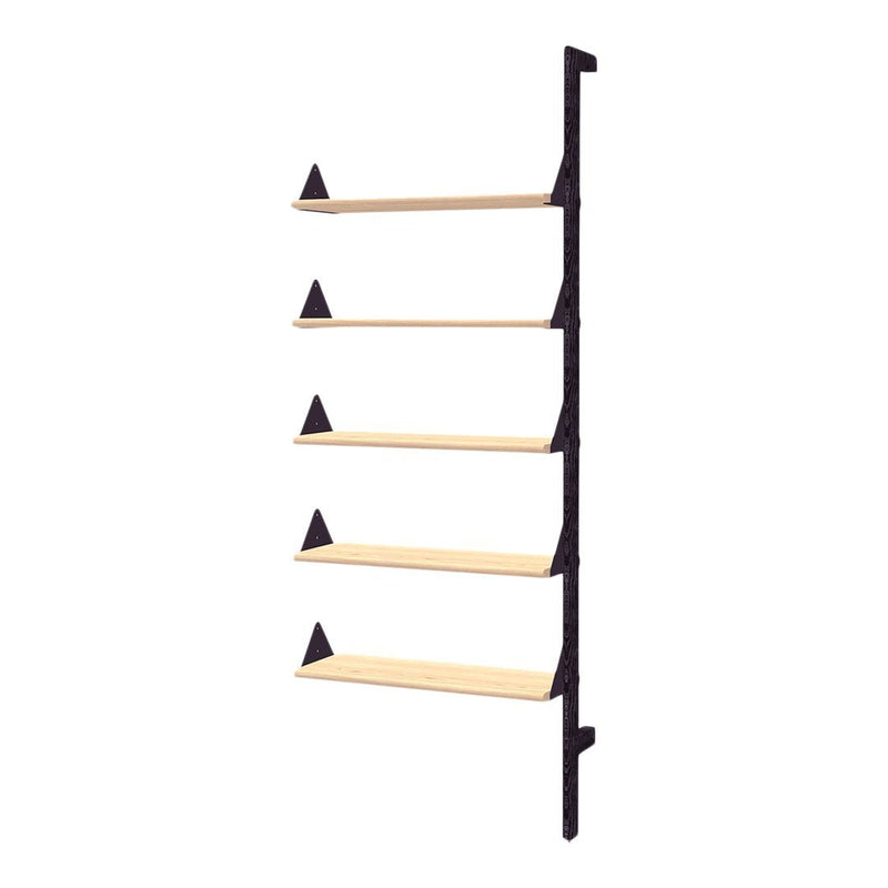 Black wall-mounted shelf unit with natural wood shelves and triangular accents, sleek and modern design.