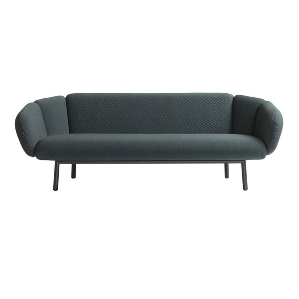 Dark green, minimalist sofa with rounded arms and a sleek, modern design. Perfect for contemporary decor.