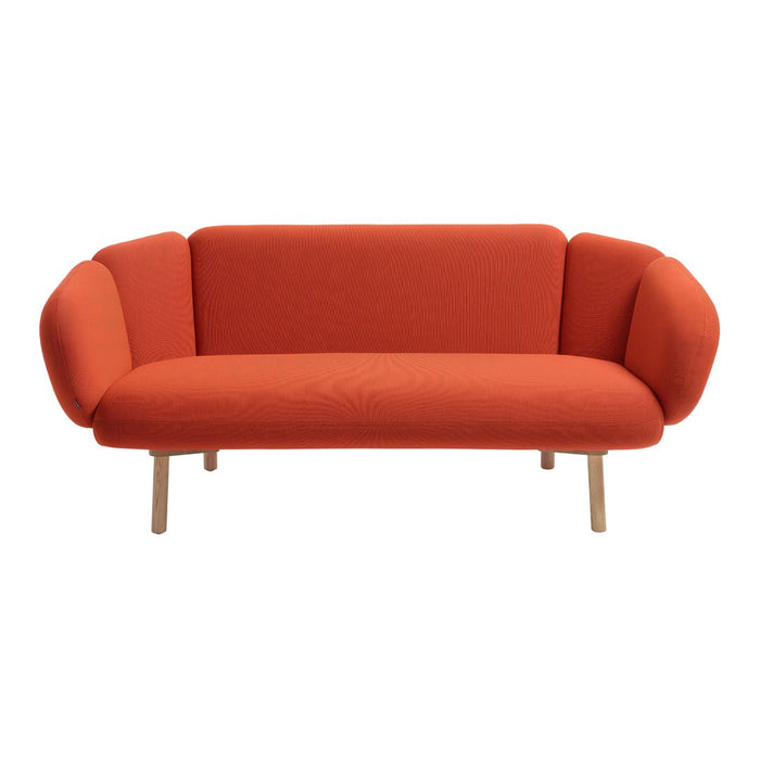 Vibrant orange upholstered sofa with curved arms and natural wood legs, ideal for modern living spaces.