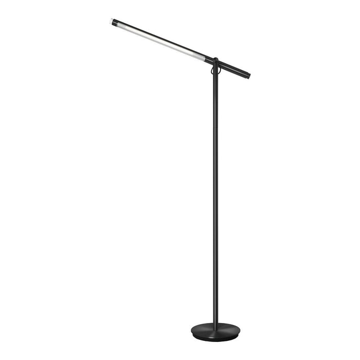 Sleek black floor lamp with a minimalistic design and a smooth, slender pole for modern decor.