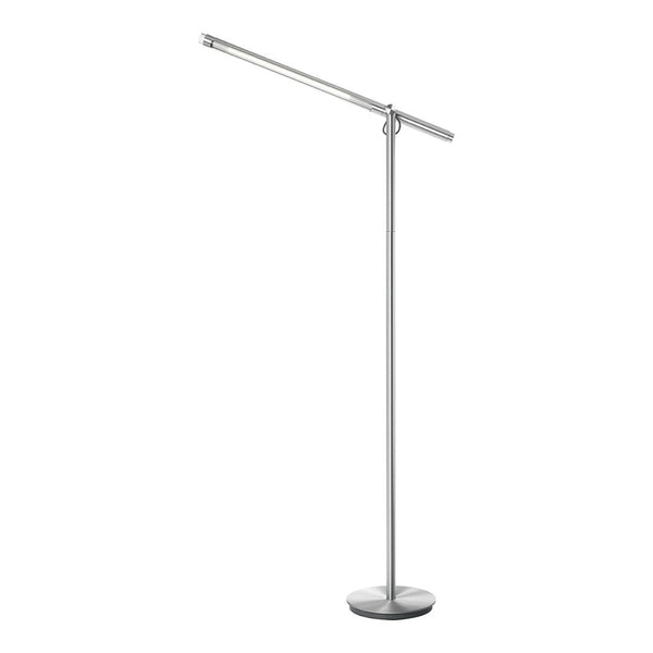 Sleek silver floor lamp with a minimalist design and smooth, modern finish. Ideal for contemporary decor.