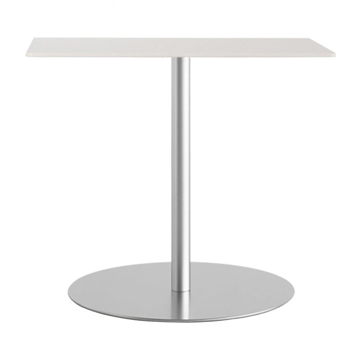 White rectangular tabletop with a sleek silver pedestal and circular base, featuring a minimalist design.