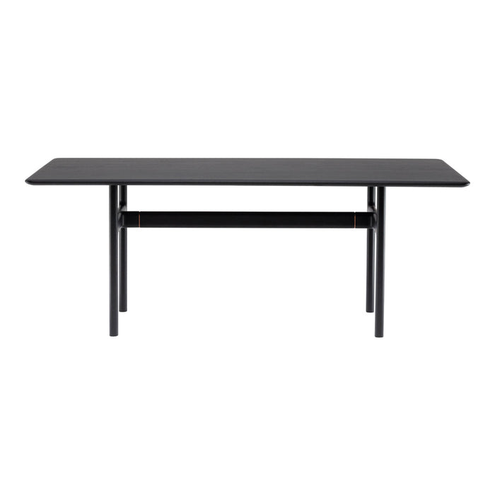 Sleek black rectangular dining table with minimalistic design and smooth finish, perfect for modern interiors.