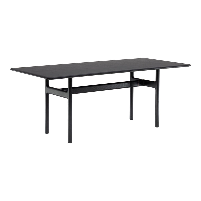 Sleek black rectangular dining table with a minimalist design, featuring a smooth surface and sturdy legs.