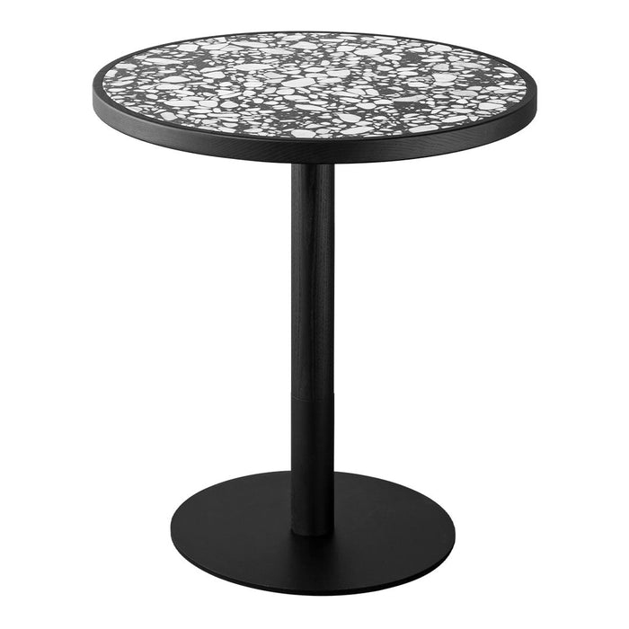 Round black table with a patterned white and black top, featuring an elegant modern design. Perfect for any decor.