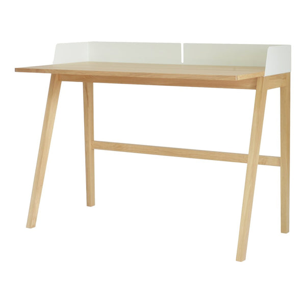 Modern wooden desk with a light natural oak finish and white, minimalistic back panel. Simple and stylish design.