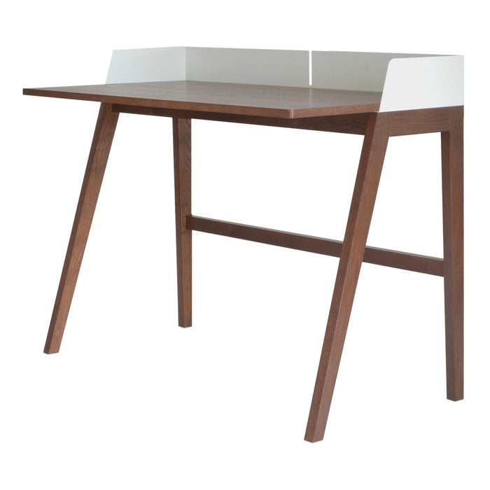 Modern wooden desk with a rich walnut finish and sleek white accents, featuring clean lines and minimalistic design.