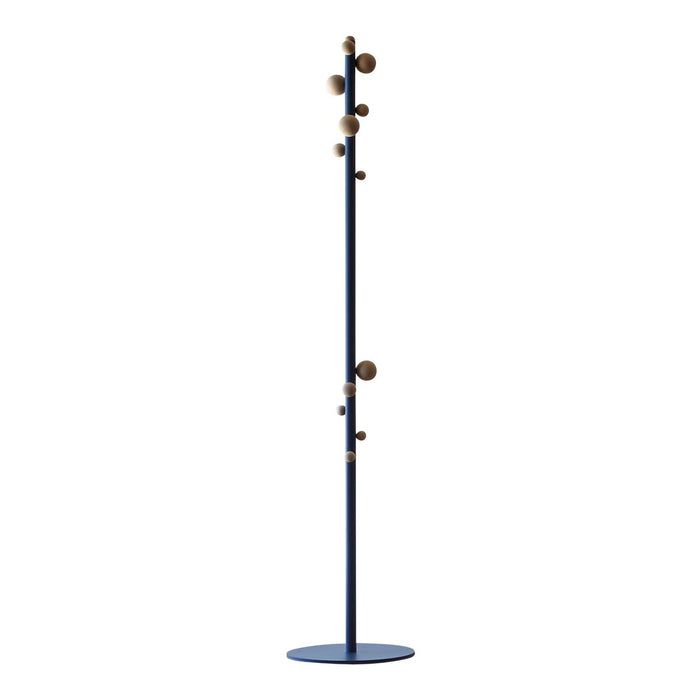Modern navy coat rack with natural wood accents and a sleek, minimalist design. Perfect for contemporary spaces.